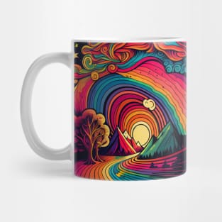 Colorful abstract painting with trees and mountains in the sunset. Mug